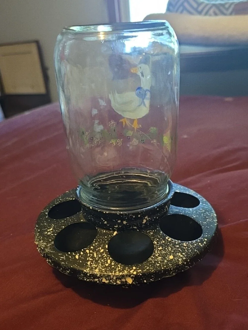 Hand-Painted Duck Glass Jar Chicken Feeder in Clear with Blue Ribbon
